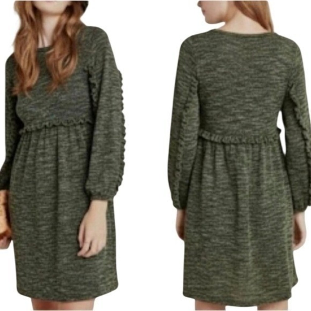 Rode & De Petite Green Marled Ruffle Sleeve Knit Babydoll Mini Dress Plus 2X New